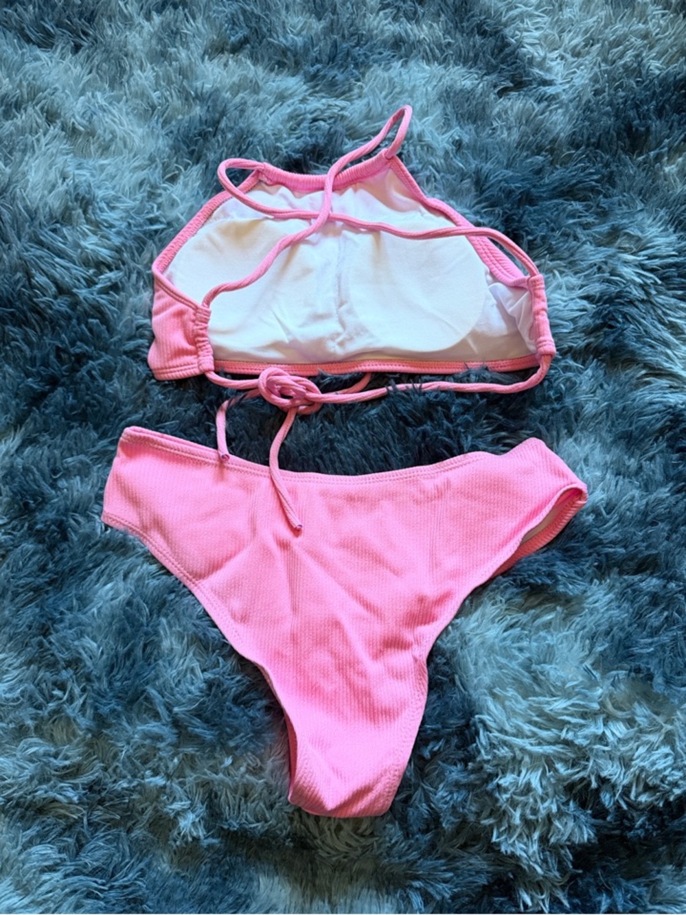 PrettyLittleThing Pink Ribbed High-Waist Bikini Set - Picture 2 of 2